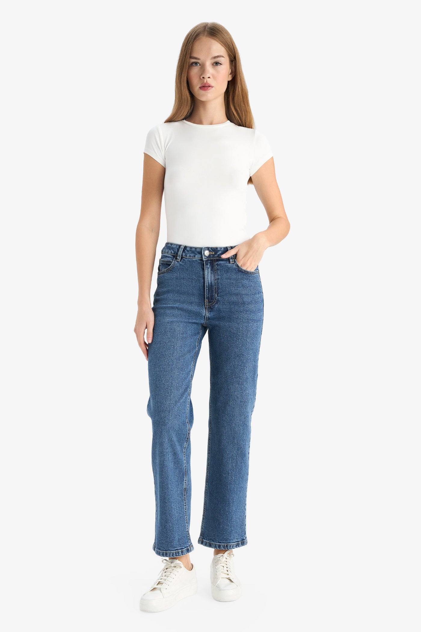 Blue Woman Comfort Straight High Waist Straight Leg Long Jeans Casual